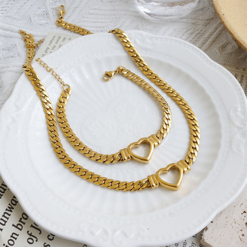 Gold heart chain necklace and bracelet set