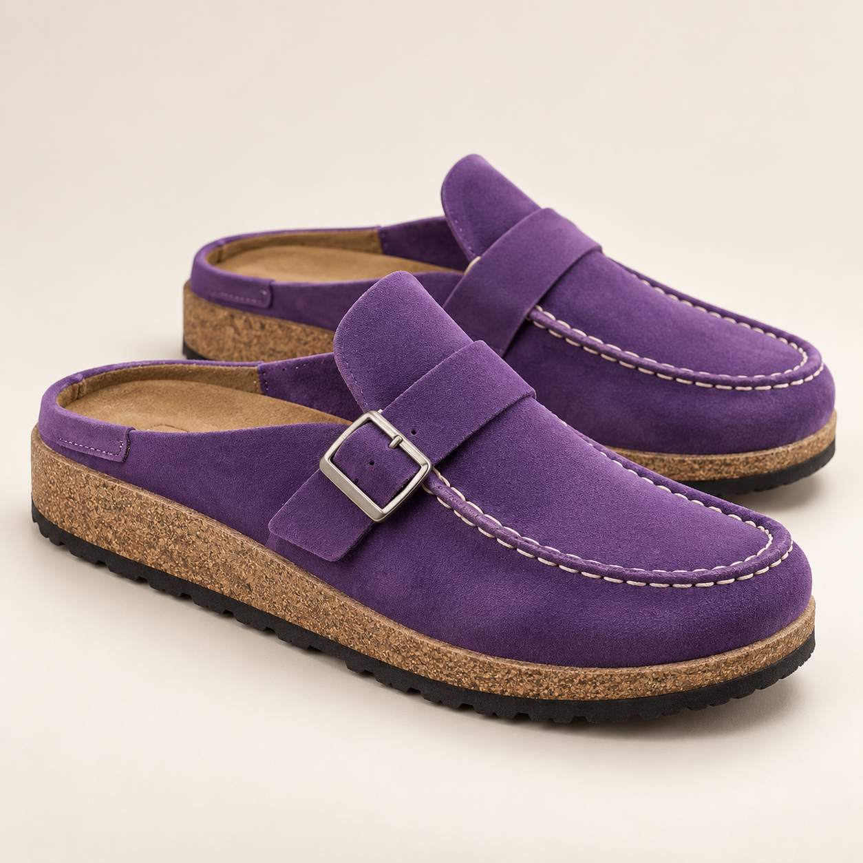 Cushioned Suede Buckle Mules for Women