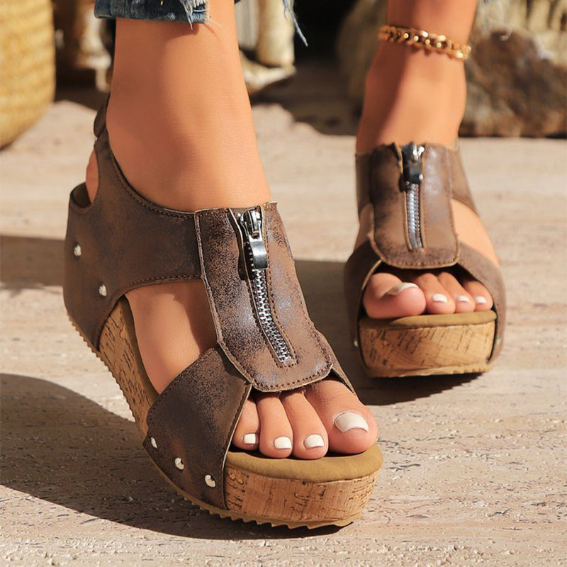 Zip-Up Wedge Sandals worn outdoors