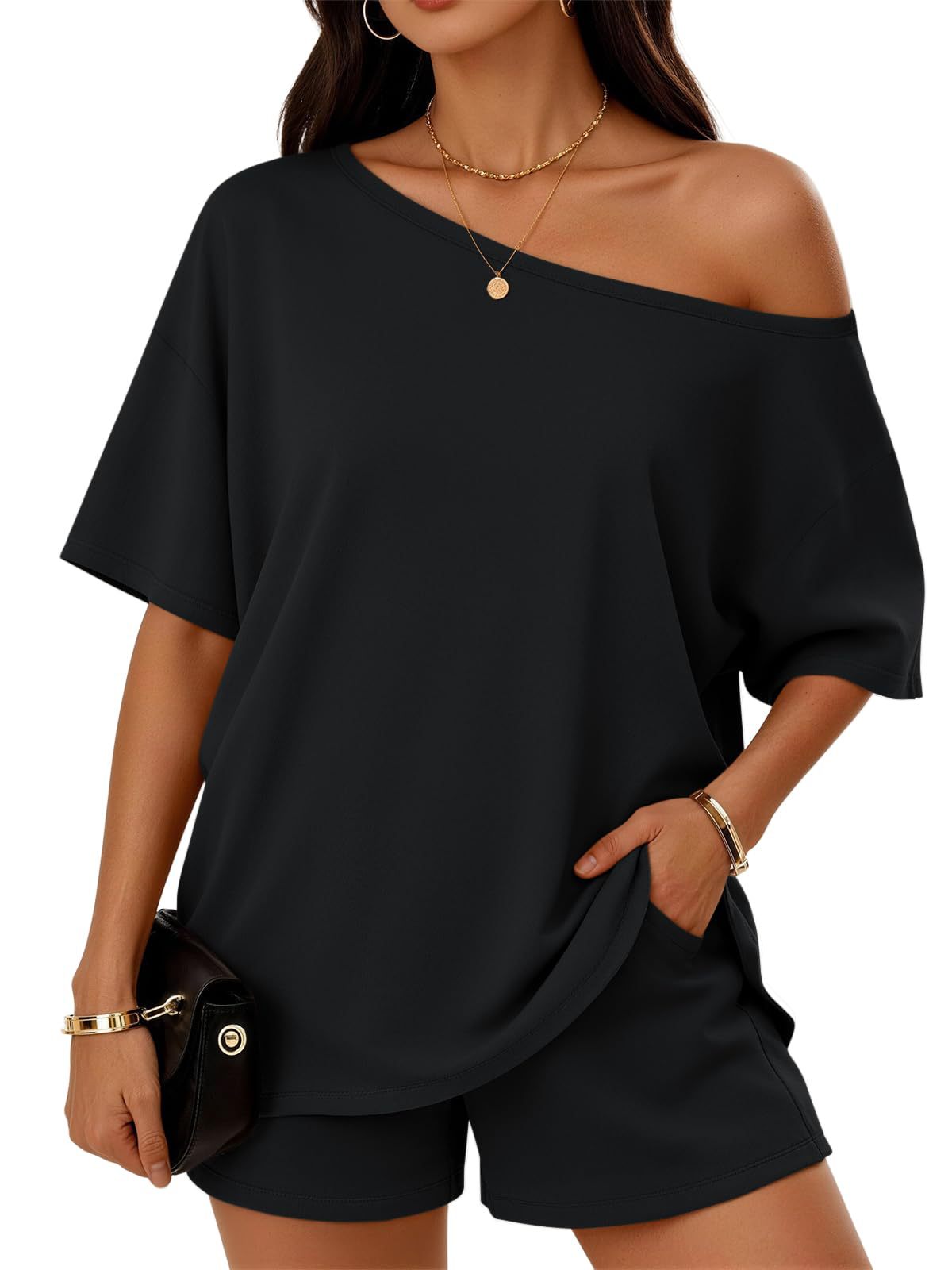 Black slant-neck top and shorts lounge set