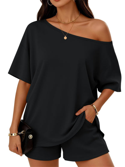 Black slant-neck top and shorts lounge set