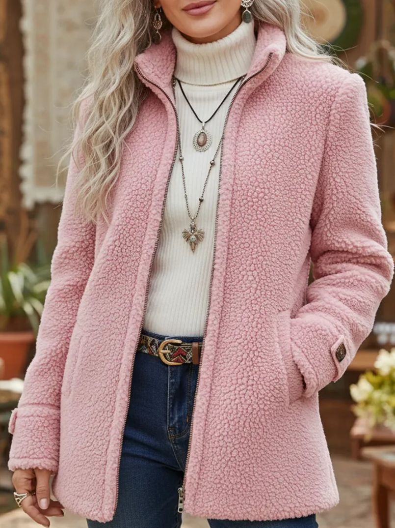 Pink fleece stand-collar zip jacket