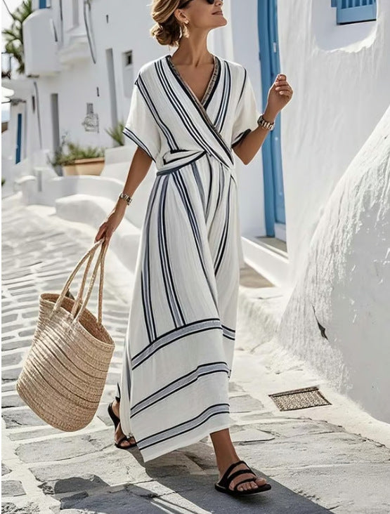Blue striped boho beach maxi dress