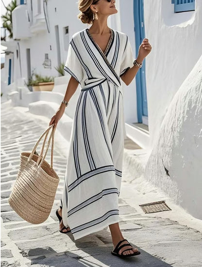 Blue striped boho beach maxi dress