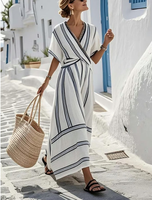 Blue striped boho beach maxi dress