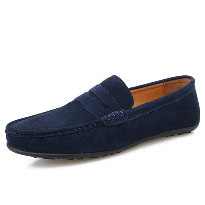 Navy suede slip-on loafers