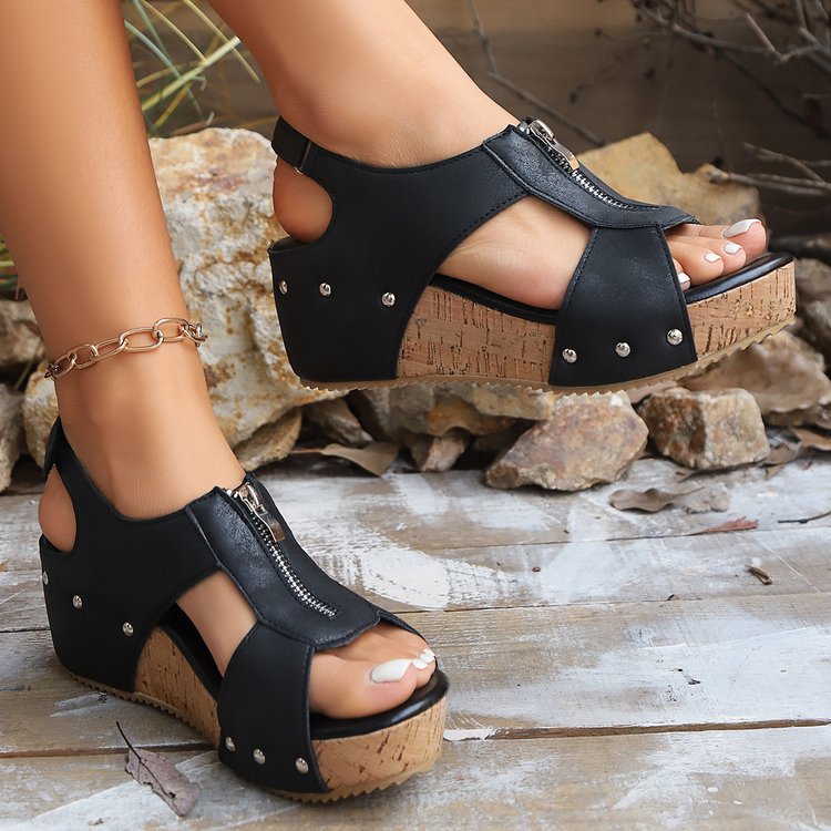 Zip-Up Wedge Sandals in Black