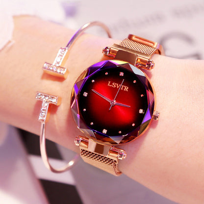 Rose gold watch with starry dial and magnetic mesh strap