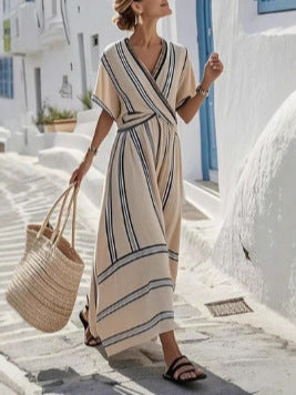 Beige print boho beach maxi dress