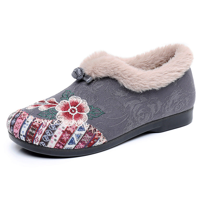 Embroidered Fleece-Lined Winter Flats for Women - Gray