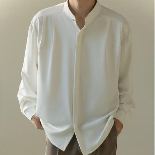 Mens Casual Loose-fitting Long-sleeve Shirt With A Stand-up Collar