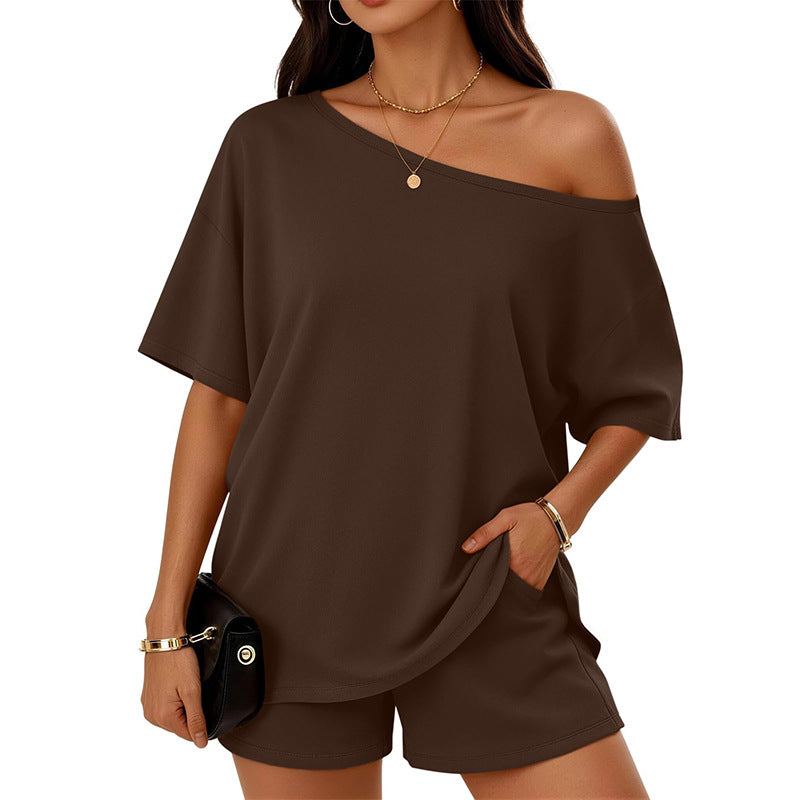 Brown slant-neck top and shorts lounge set
