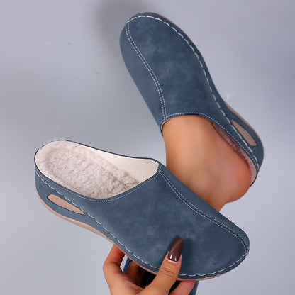 Cozy Fleece-Lined Wedge Slippers for Women - Blue