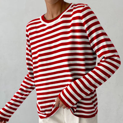 Red stripe soft knit crewneck sweater for women