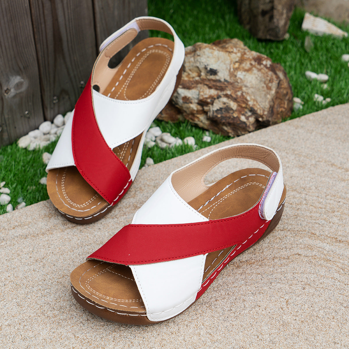 Red cross-strap wedge sandals