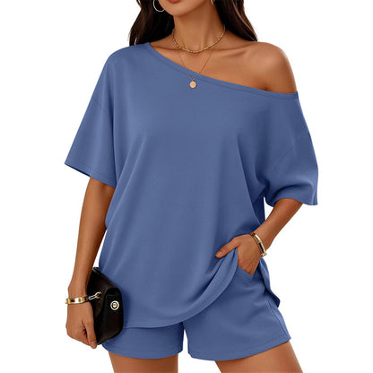 Blue slant-neck top and shorts lounge set