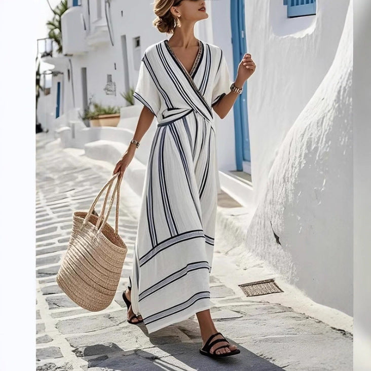 Striped boho beach maxi dress worn on holiday