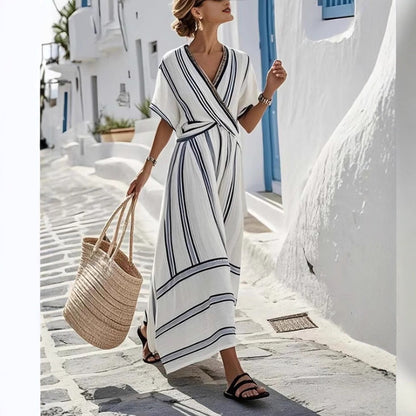 Striped boho beach maxi dress worn on holiday