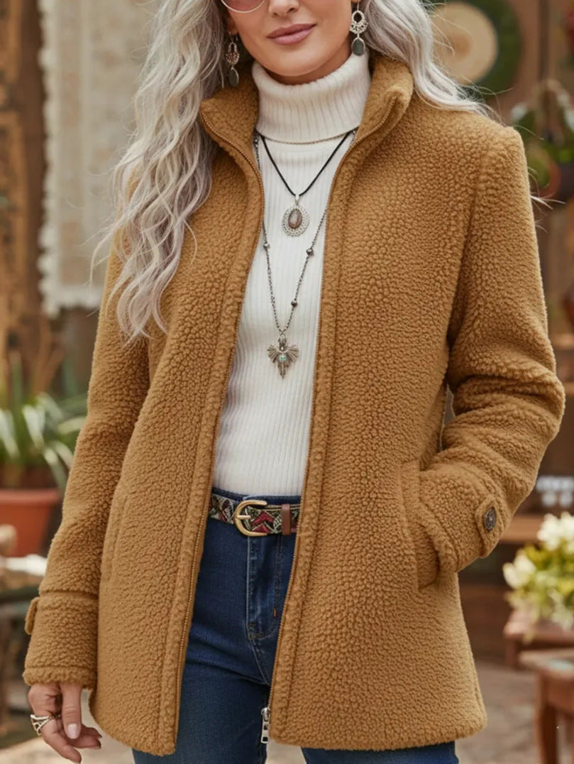Brown fleece stand-collar zip jacket