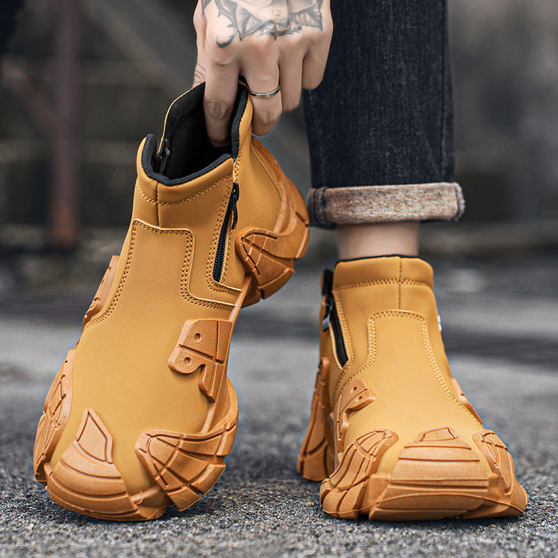 Side profile of the padded high-top collar and slip-on design