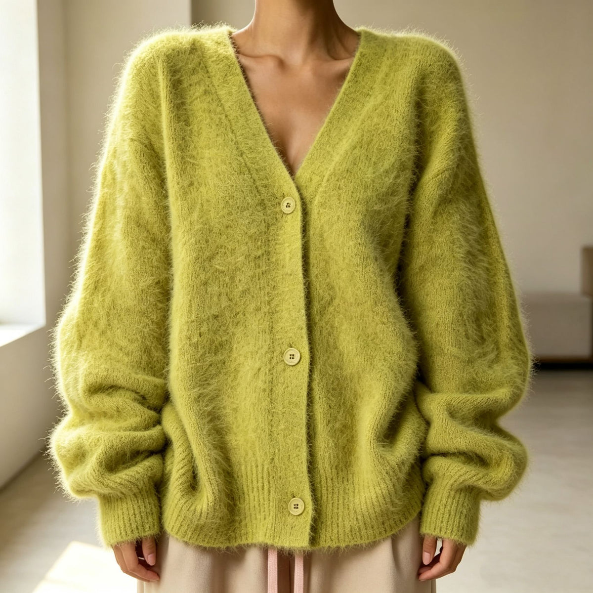 V-neck button knit cardigan in matcha green