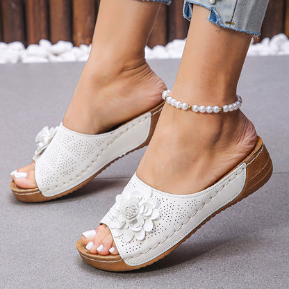 White flower wedge sandals