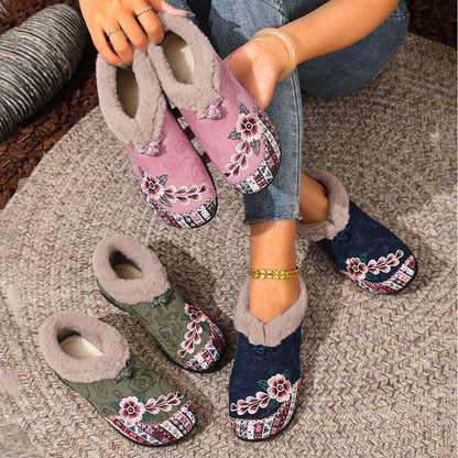 Embroidered Fleece-Lined Winter Flats for Women