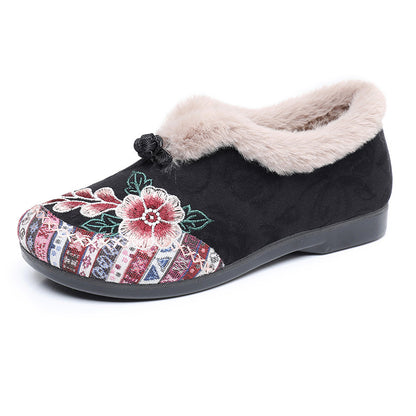 Embroidered Fleece-Lined Winter Flats for Women - Black