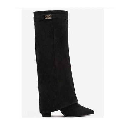 Pointed-toe chunky heel mid-calf boots for women