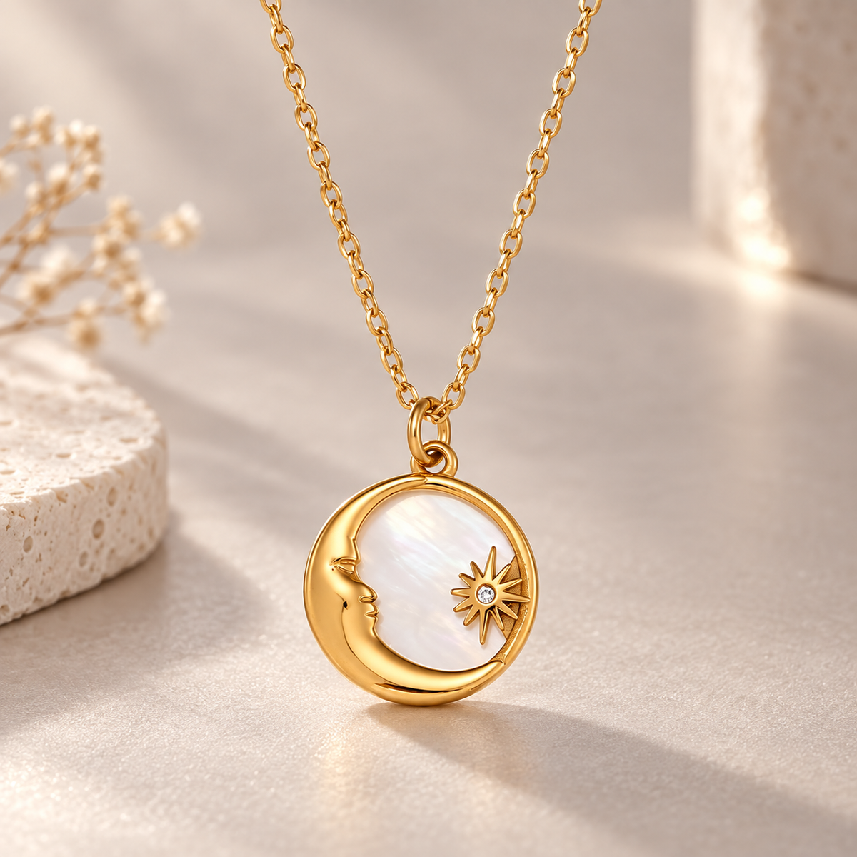 Shell Moon and Star Pendant Necklace