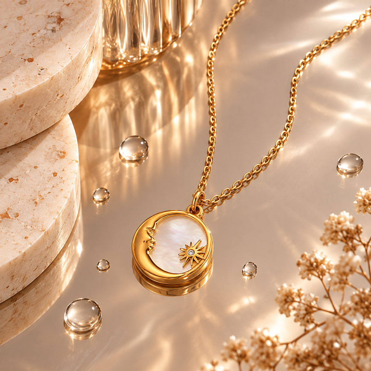 Shell Moon and Star Pendant Necklace