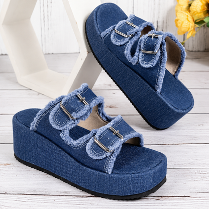 Cushioned Denim Wedge Slides