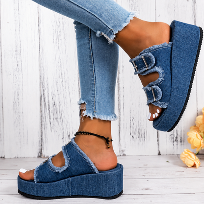 Cushioned Denim Wedge Slides