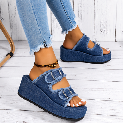 Cushioned Denim Wedge Slides