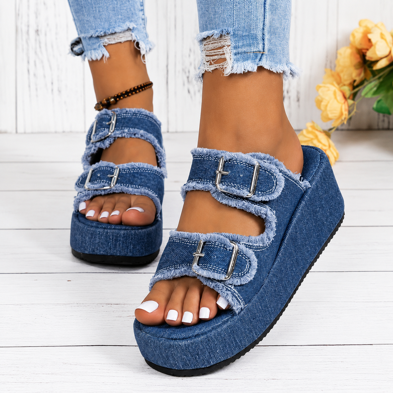Cushioned Denim Wedge Slides