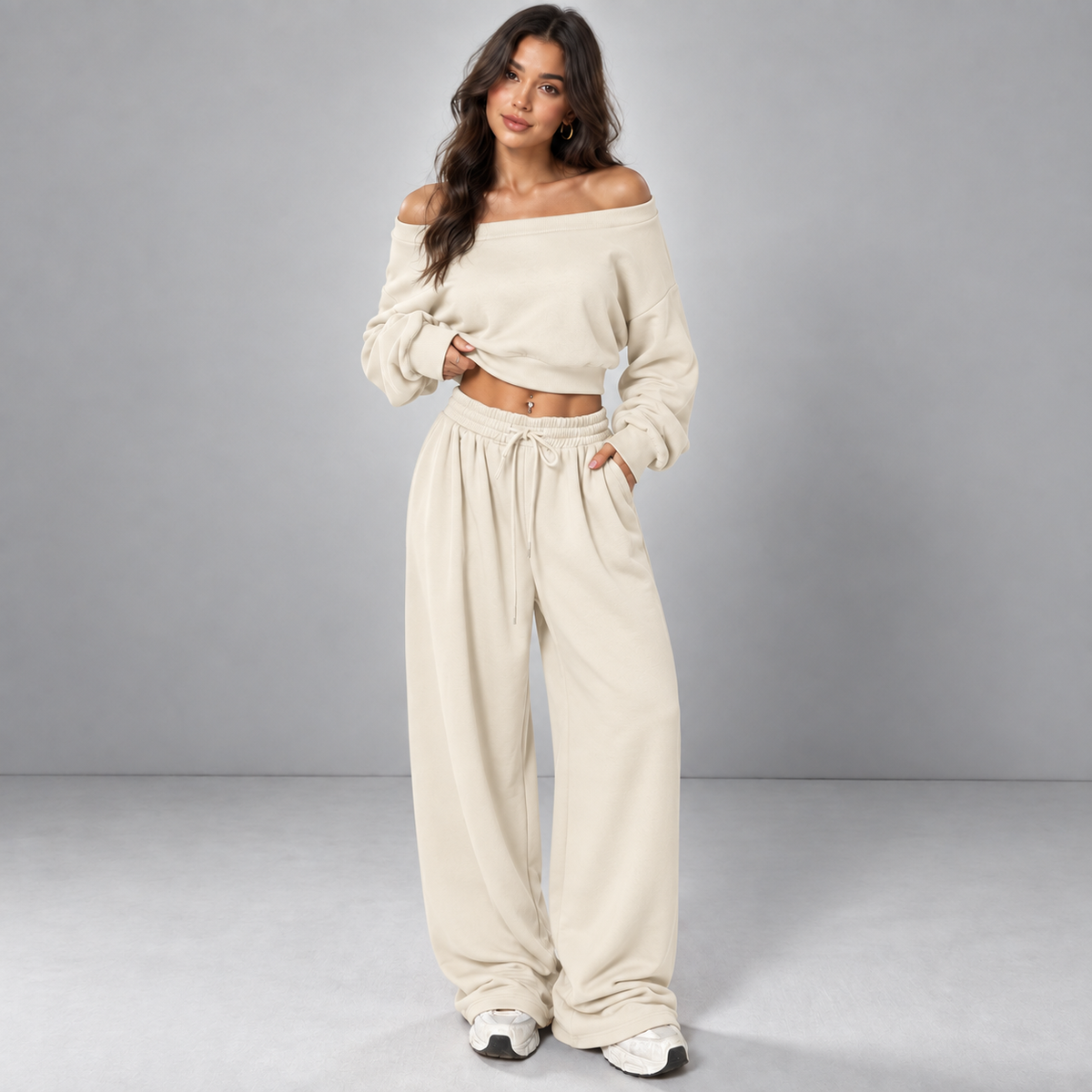 Off-Shoulder Sweatshirt & Jogger Set