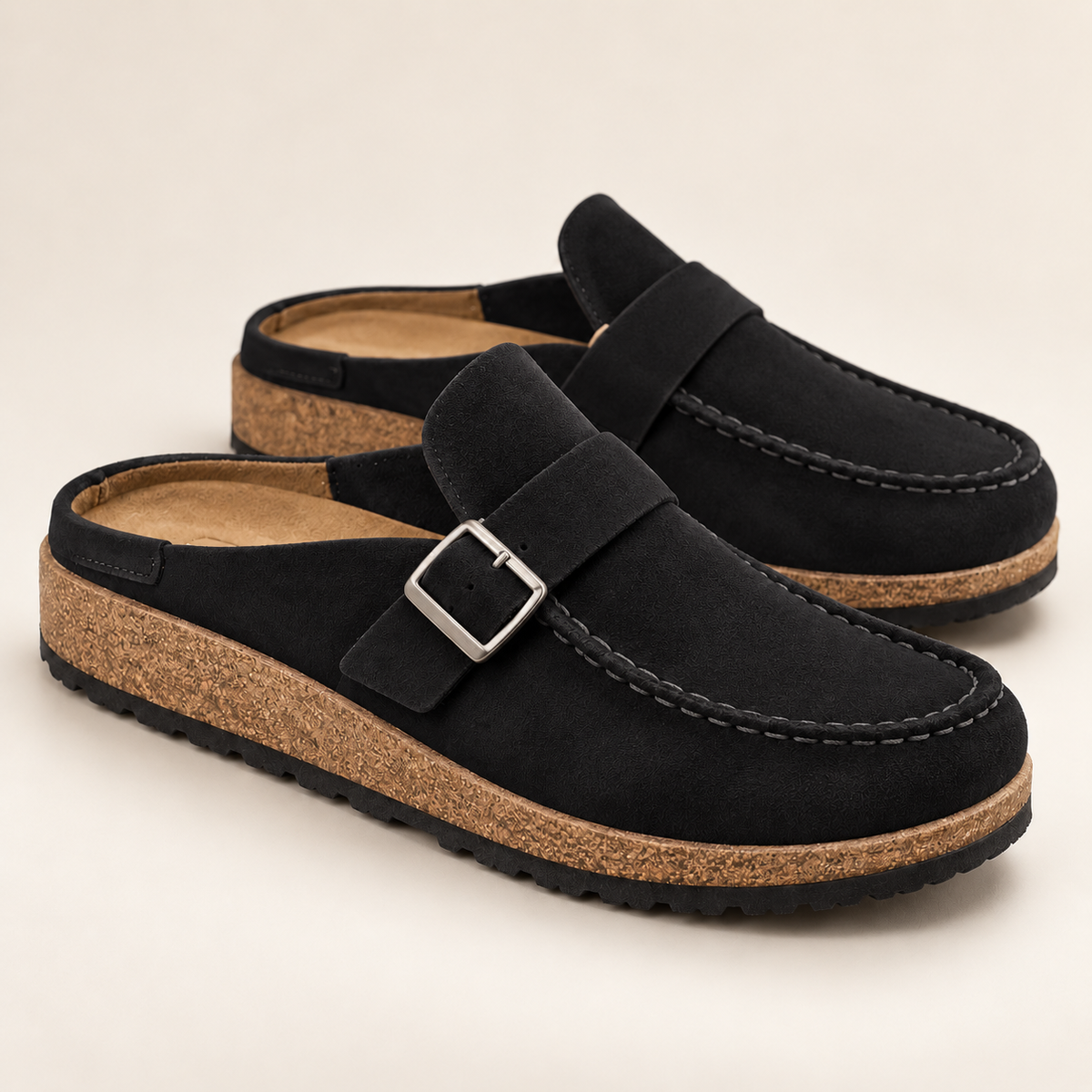Cushioned Suede Buckle Mules for Women