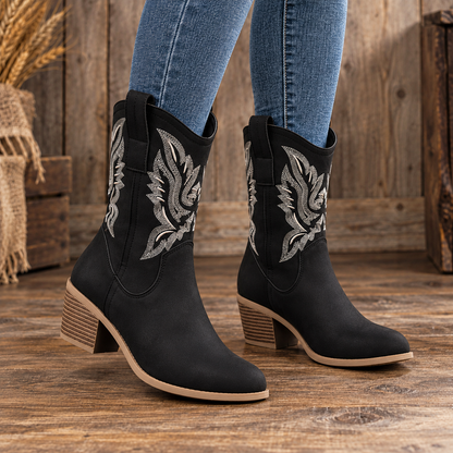 Embroidered Chunky-Heel Western Boots