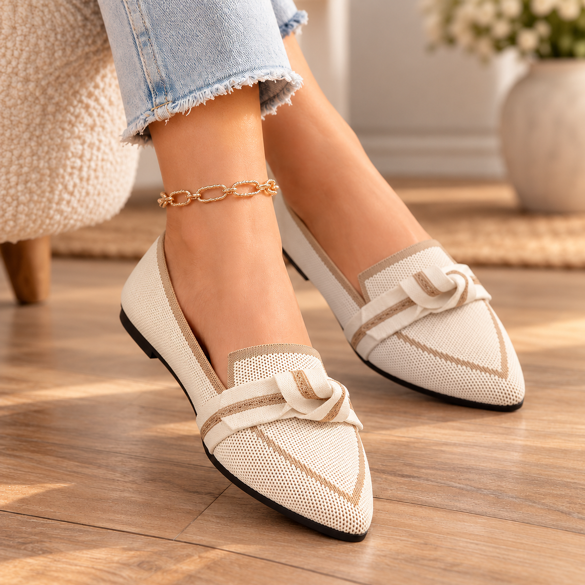 Breathable Pointed-Toe Bow Flats for Women