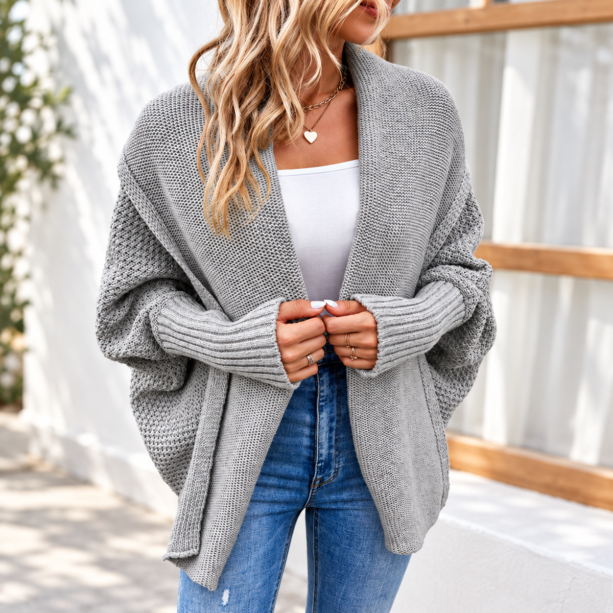 Relaxed Batwing Lapel Knit Cardigan for Women