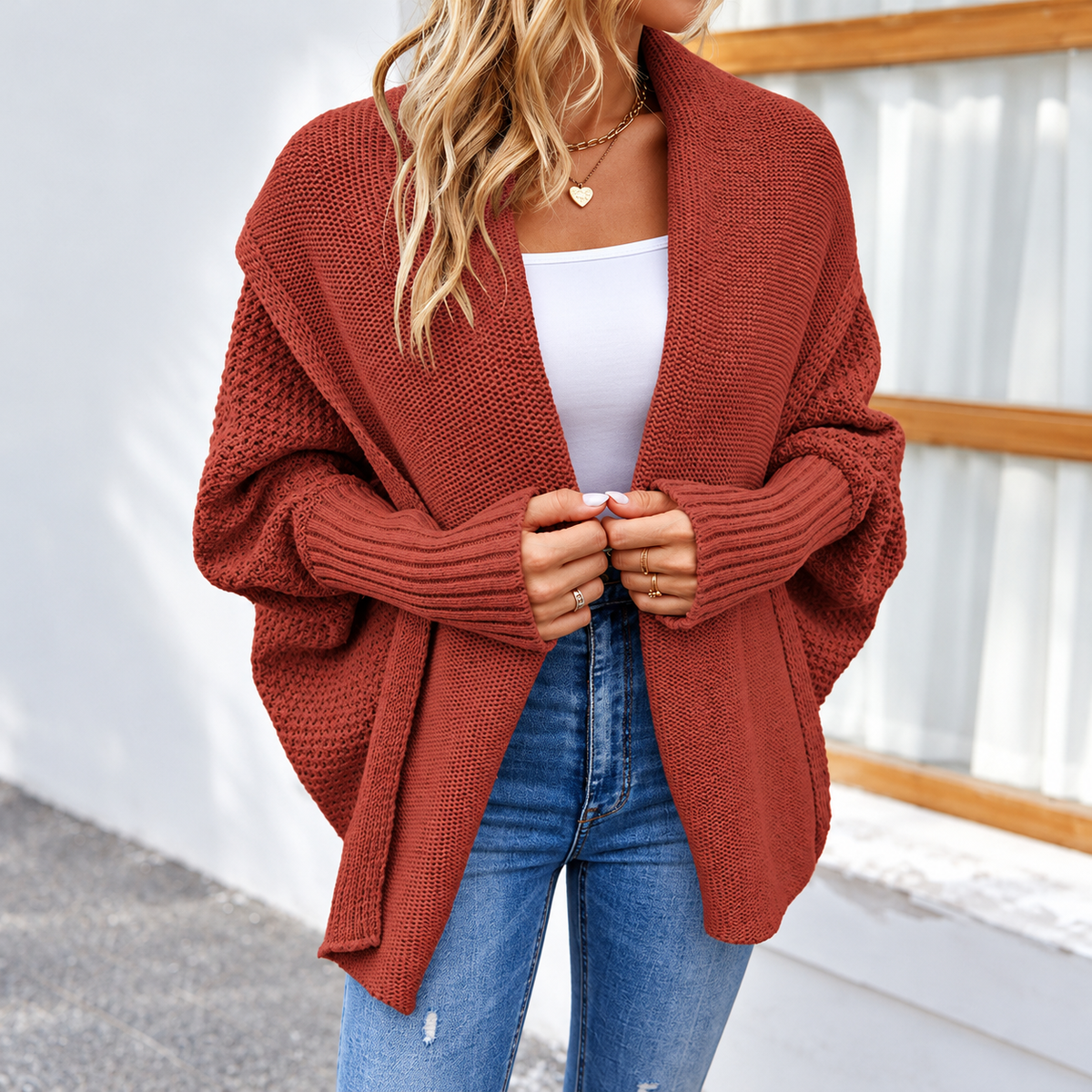 Relaxed Batwing Lapel Knit Cardigan for Women