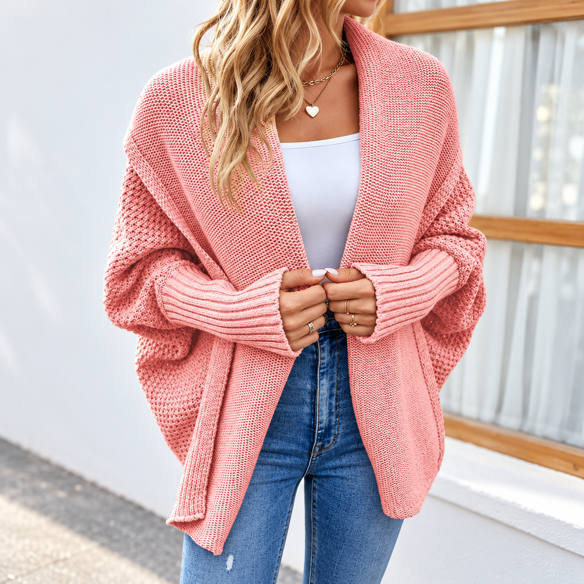 Relaxed Batwing Lapel Knit Cardigan for Women