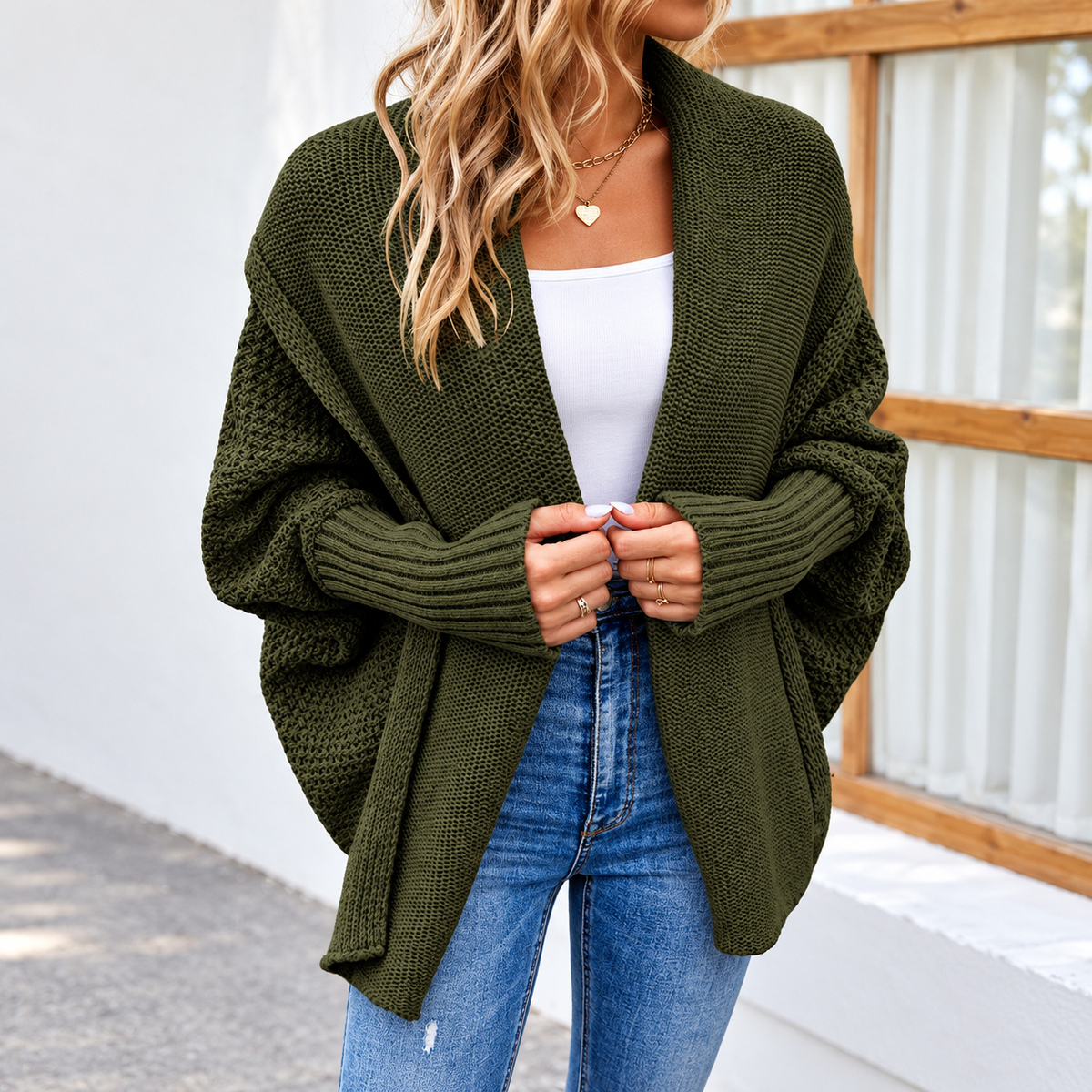 Relaxed Batwing Lapel Knit Cardigan for Women