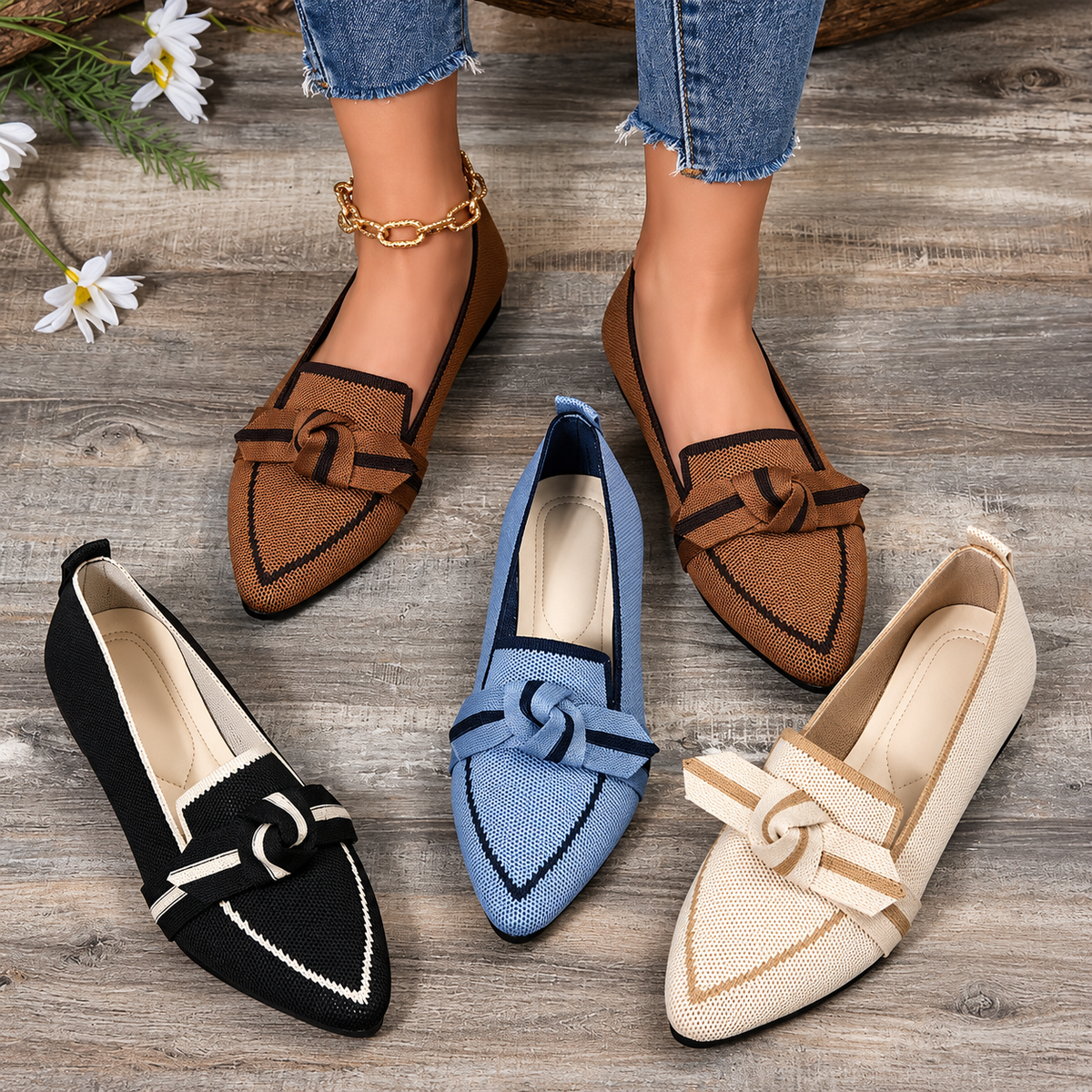 Breathable Pointed-Toe Bow Flats for Women