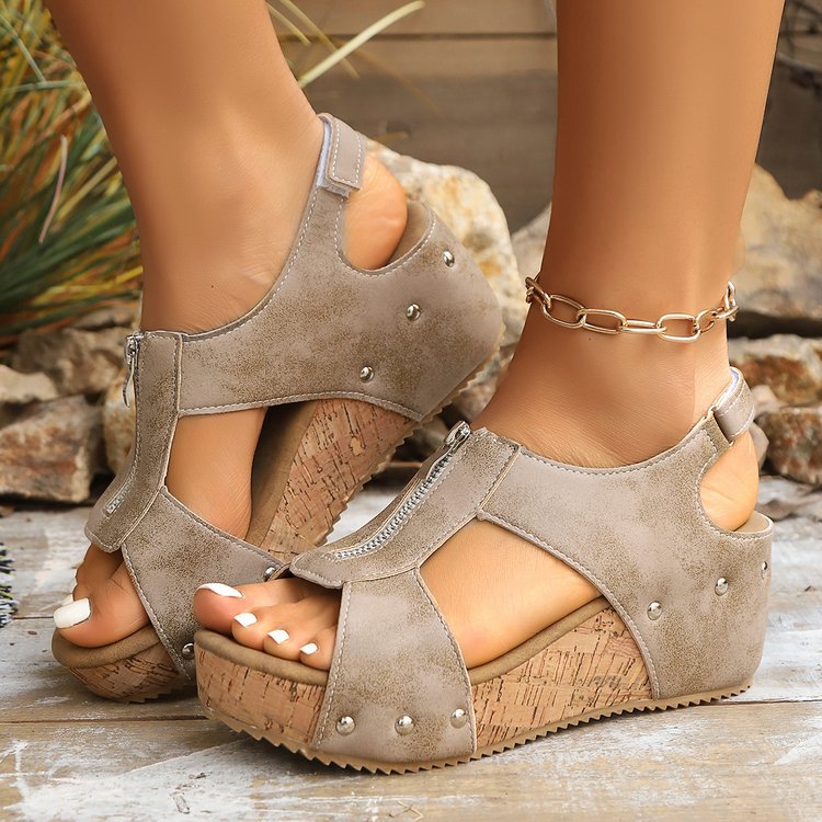 Zip-Up Wedge Sandals in Beige