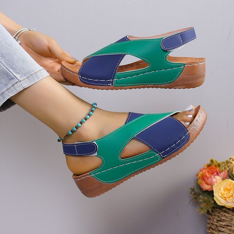 Blue green cross-strap wedge sandals