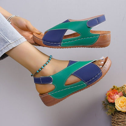 Blue green cross-strap wedge sandals