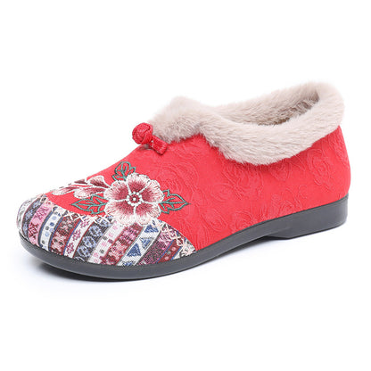 Embroidered Fleece-Lined Winter Flats for Women - Red