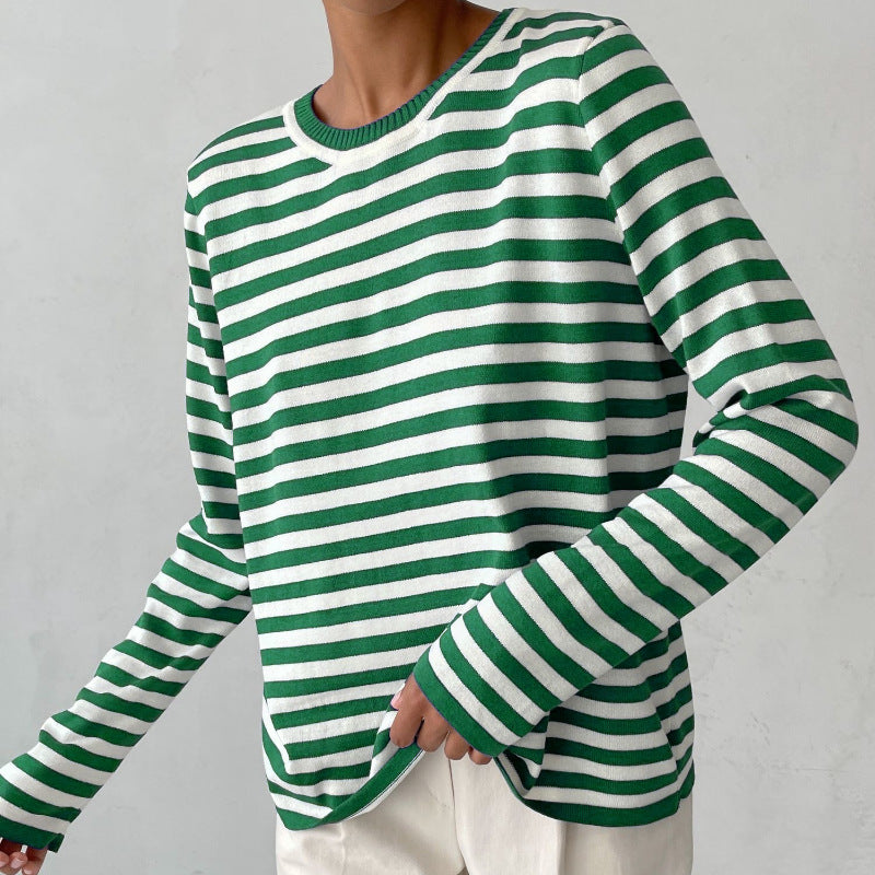 Green stripe soft knit crewneck sweater for women