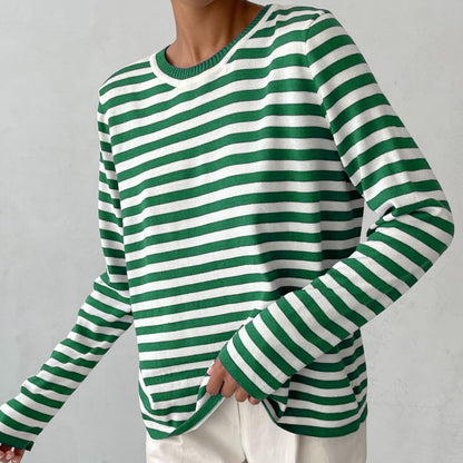 Green stripe soft knit crewneck sweater for women
